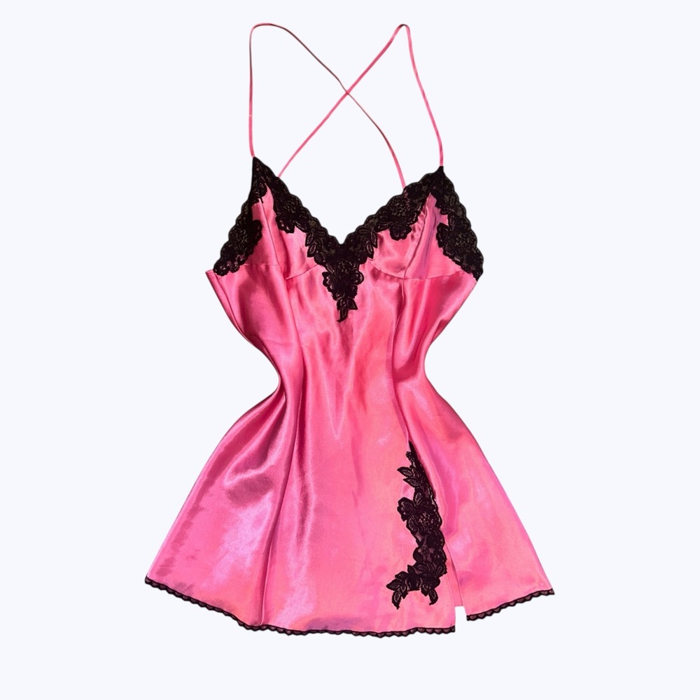Frederick's of Hollywood Pink Satin Chemise with Black Lace